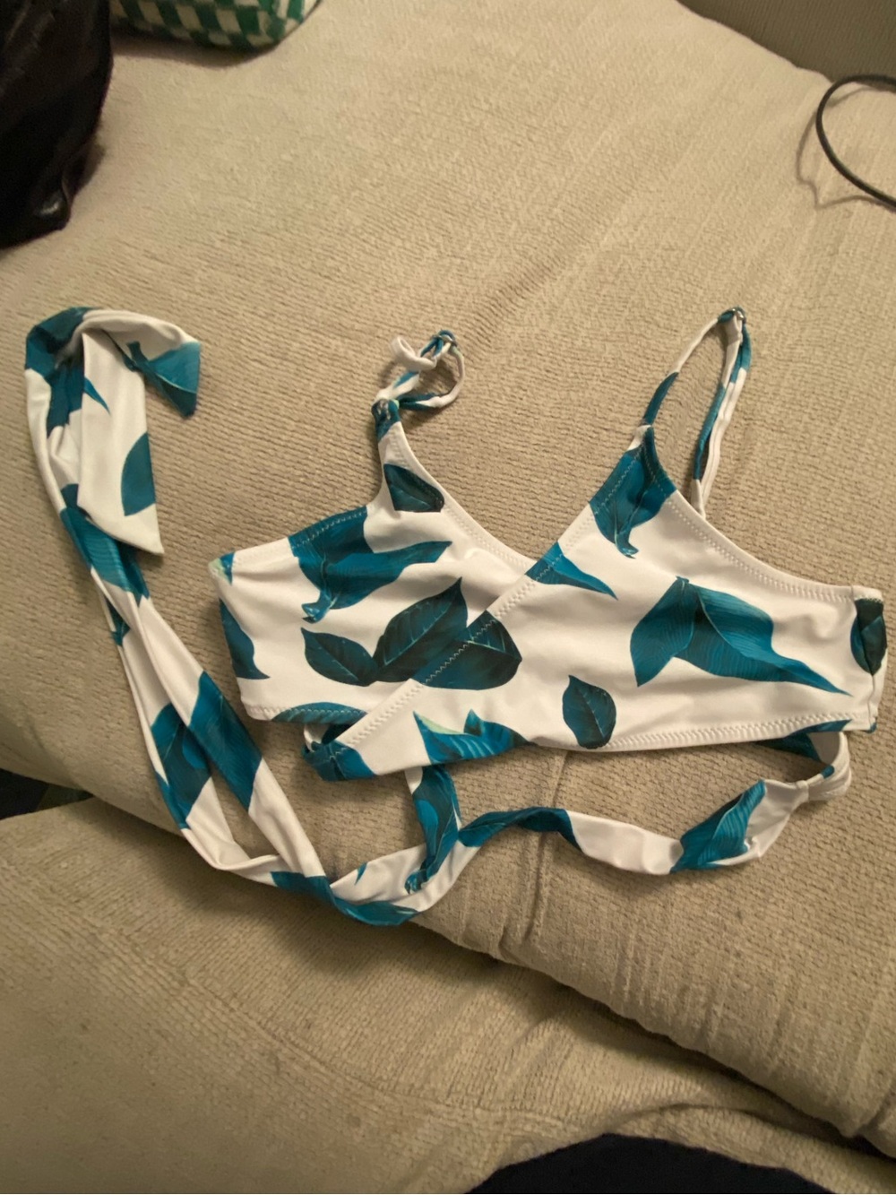 White Bikini Top with Teal Leaf Print